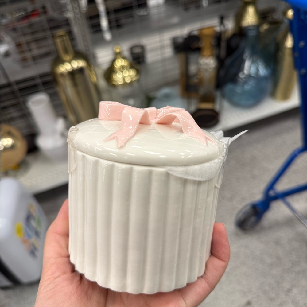 White Ceramic Trinket Jar with Pink Bow Lid - Picture 2 of 2